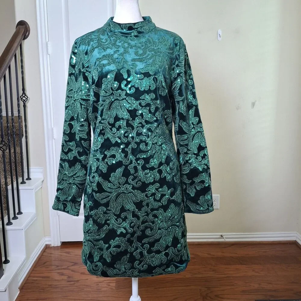 VENUS Velvet Sequin Mini Dress Green Women 10 Cocktail Holiday Christmas Party